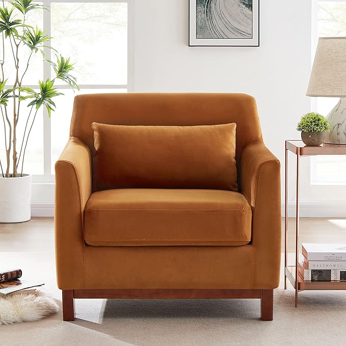 Extra Deep Accent Chair, Fabric Upholstered Comfy Reading Armchair for Living Room, Bedroom Single Seat Sofa Chair with Wood Base, Curry