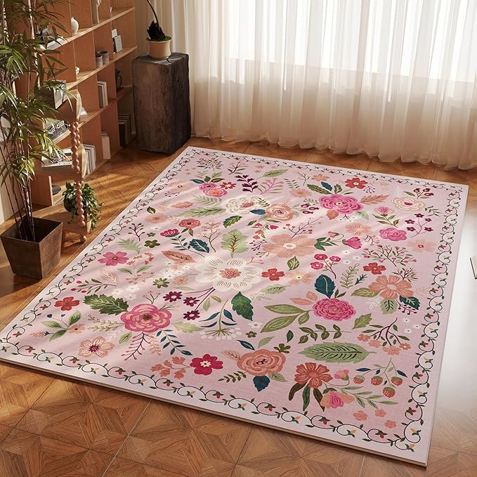 Area Rug 4x6 Rug Washable Boho Rugs Non Slip Low Pile Floral Small Carpet for Bedroom, Bedside, Kids Room, Office, Dining Room(Pink)