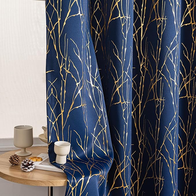 Grommets Blackout Long Window Curtains Navy Blue Gold-52W*84L 2PCS Drapes for Bedroom