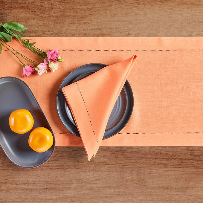 Solino Home Linen Coral Table Runner 72 Inches Long - 100% Pure Linen Hemstitch Table Runner 14 x 72 Inch for Dresser, Dining - Classic Hemstitch