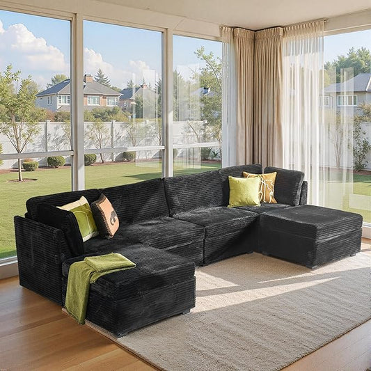 Modular Sectional Sofa, 130.7 Inch U Shaped Couch Set for Living Room, 4-Seater Comfy Cloud Couches with Two Movable Ottoman, Plush Corduroy, Black