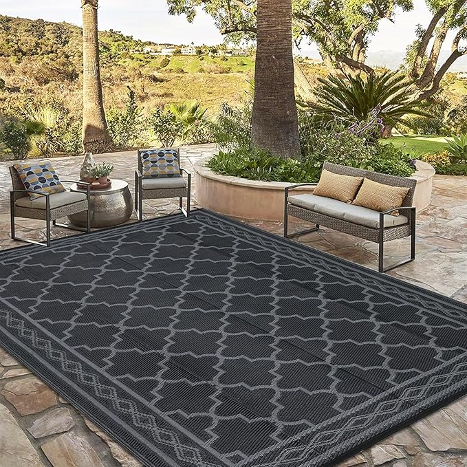 GAOMON Outdoor Rug 9'x12' Waterproof Rug for Patio Decor, Foldable Reversible Plastic Straw Area Rugs Mat for Camper, Outside Carpet for Deck, Porch, Picnic, Beach, Black/Grey(Geometric)