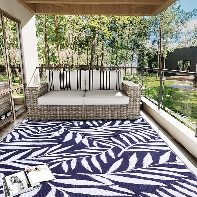 OLANLY Waterproof Outdoor Rug 6x9 ft, Reversible Outdoor Plastic Straw Rug with Leaf Pattern, RV Mat, Indoor Outdoor Carpet for Patio, Camping, Balcony, Deck, Backyard, Navy & White
