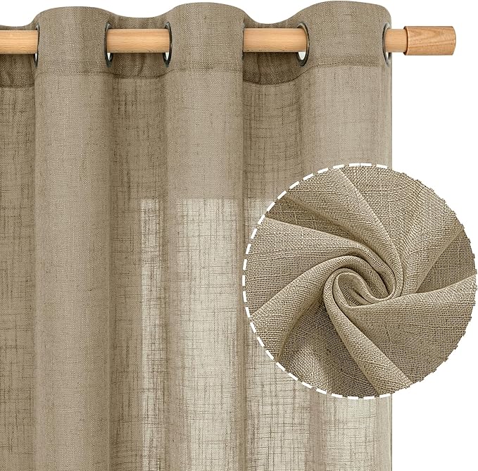 LAMIT Linen Curtains 63 Inch Length 2 Panels for Bedroom, Semi Sheer Drapes Light Filtering Neutral Window Treatments with Bronze Grommet for Living Room Rustic Country Decor, Taupe, 52 X 63 Inch