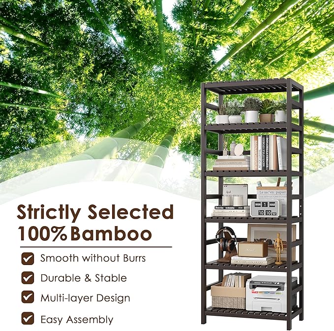 FOTOSOK 6-Tier Bamboo Shelf Set of 2, Bamboo Bookcase with Adjustable Shelves, Free Standing Storage Shelf Unit and Plant Flower Stand, Tall Large Bookshelf for Kitchen, Bathroom, Home Office, Vintage