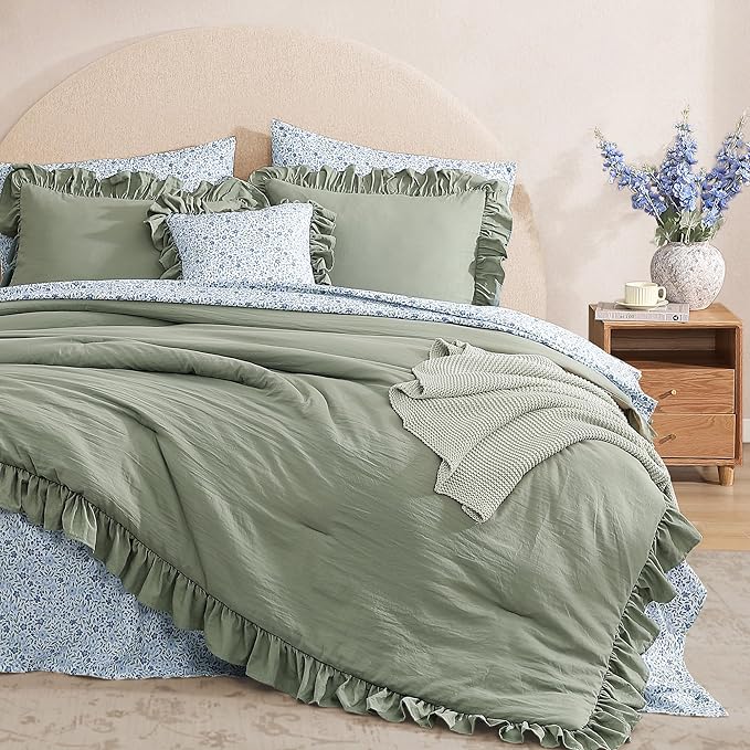 King Comforter Set - 7 Pieces Ruffle Sage Green Bedding Sets, Shabby Chic Farmhouse Bed in a Bag King with Ruffle Comforter, Floral Sheets, Pillowcases & Shams