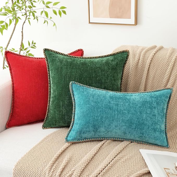 decorUhome Chenille Soft Throw Pillow Covers 18x18 Set of 2, Farmhouse Velvet Neutral Decorative Euro Pillow Covers with Stitched Edge for Couch Sofa Bed Home Decor, Turquoise
