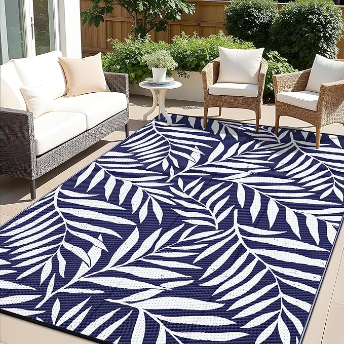 OLANLY Waterproof Outdoor Rug 6x9 ft, Reversible Outdoor Plastic Straw Rug with Leaf Pattern, RV Mat, Indoor Outdoor Carpet for Patio, Camping, Balcony, Deck, Backyard, Navy & White