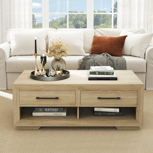 Hazel Coffee Table with 4 Storage Drawers and Open Shelf, Metal Handles, Rectangular Modern Luxury Table for Living Room