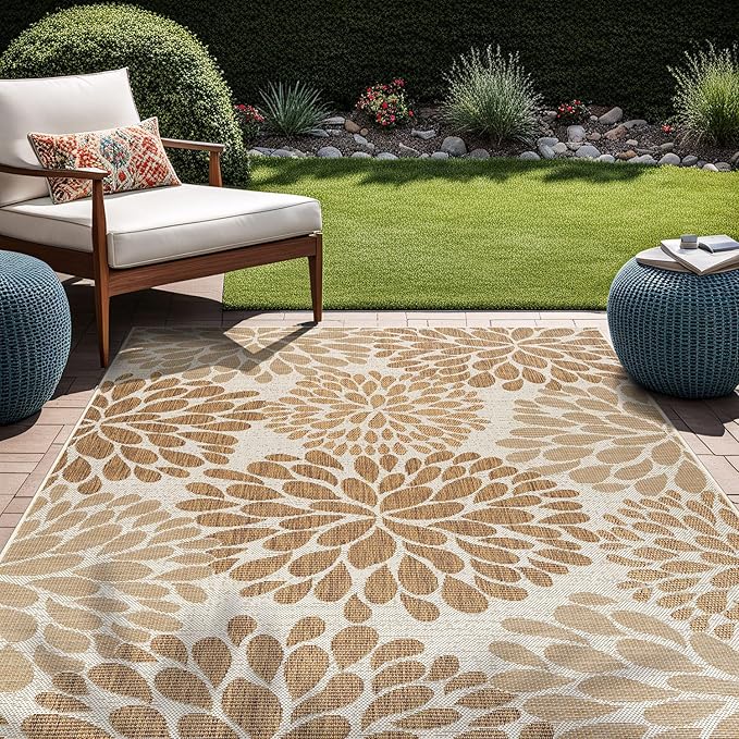 Beverly Rug Outdoor Rug 9x12 Modern Exotic Tropical Leaf Area Rugs for Indoor and Outdoor Patio Deck Porch Garden Water Resistant Washable Outside Carpet (9 x 12 Beige)