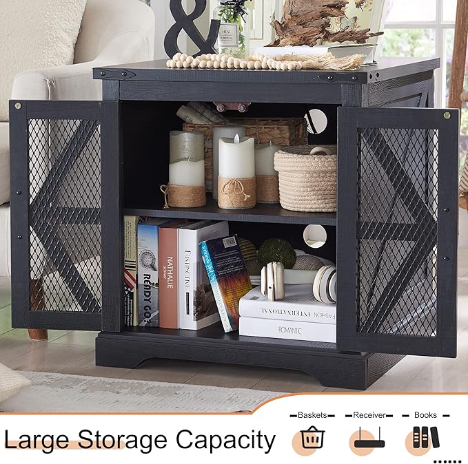 JXQTLINGMU Farmhouse End Table, 24" Large Sofa Side Table with Charging Station, Mesh Barn Door, and Adjustable Storage Shelf, Rustic Wood Square Nightstand for Living Room, Bedroom, Office, Black
