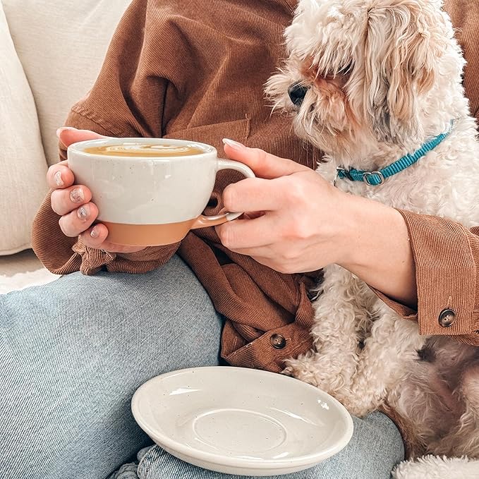 Mora Ceramic Latte Art Mug With Saucer - 10.5 oz, Round Bottom For Perfect Pours - Cafe Cups for Cappuccino, Espresso, Coffee, Tea etc - Porcelain Set for Baristas, Great Gift - Earl Grey