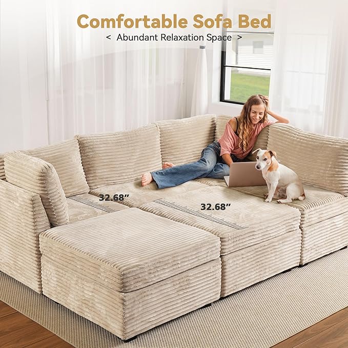 Modular Sectional Sofa with Chaise, U-Shaped 5-Seater Cloud Couch for Living Room, Plush Corduroy Fabric, Includes Movable Ottoman, Beige