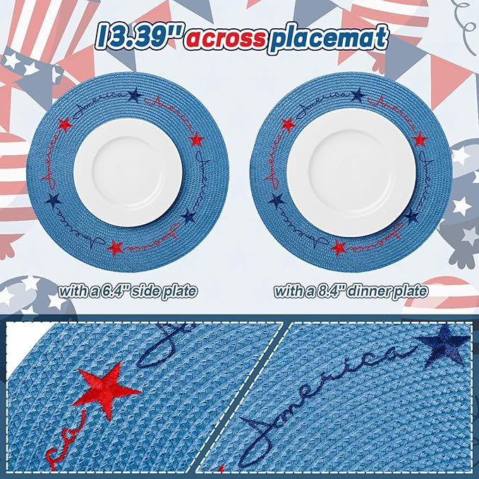 Whaline 4Pcs Round Independence Day Placemats Patriotic Stars Embroidered Place Mats 4th of July Dinner Table Mats for Home Holiday Birthday Party Decor