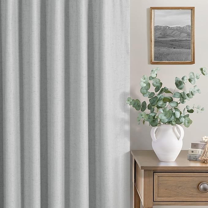 Light Gray Linen Blackout Curtains White Backing 102 Inch Long 2 Panel Sliding Glass Door Solid Grey Light Blocking Thermal Curtain for Summer Heat Energy Saving Weather Drapes for Bedroom Living Room