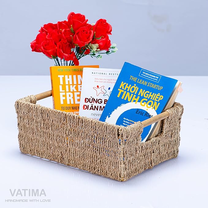 Natural Seagrass Storage Basket with Handle, Rectangular Woven Organizer Bin for Living Room or Shelf, Decorative Storage Basket, Medium Size 13.4 x 9.3 x 4.9 Inches