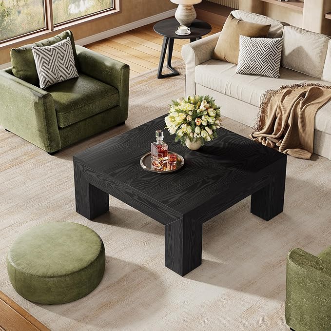 Tribesigns 39.4-Inch Square Coffee Table for Living Room, Farmhouse All MDF Accent Center Cocktail Table with Sturdy Wooden Legs, Easy Assembly, Black