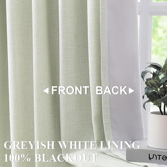 Vision Home Soft Green Pinch Pleated Full Blackout Curtains Linen Blended Room Darkening Window Panels 108 inch for Living Room Bedroom Thermal Insulated Pinch Pleat Drapes with Hooks 60" Wx108 Lx1