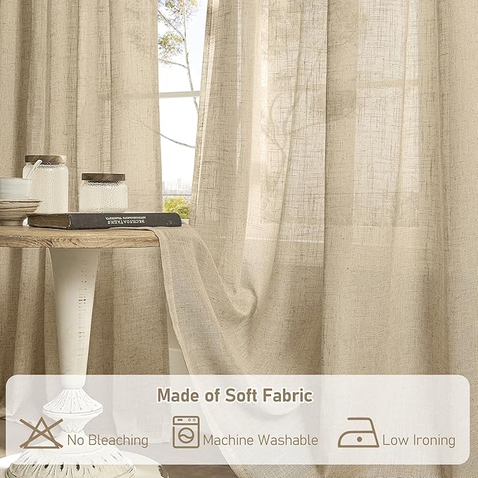 LAMIT Brown Linen Sheer Curtains 95 inch for Living Room 2 Panels, Soft Thick Light Filtering Boho Window Textured Burlap Drapes with Bronze Grommet for Bedroom Farmhouse, 52 x 95 Inch