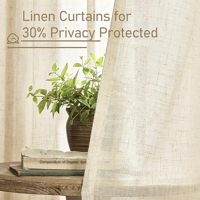 LAMIT Linen Curtains 63 inch Long for Living Room, Linen Light Filtering Boho Semi Sheer Window Textured Modern Drapes with Bronze Grommet for Bedroom, 2 Panels Set, 60 x 63 Inch, Beige