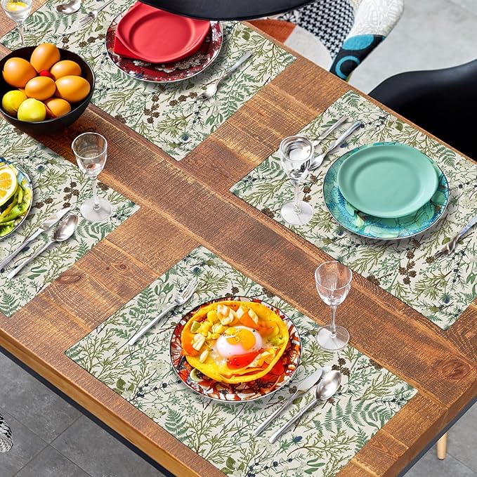 Sage Green Botanical Floral Placemats Set of 4 Vintage Tropical Herbs Fern Leaves Place Mats 12x18 Inch Seasonal Plant Spring Summer Linen Fabric Table Mats for Party Kitchen Dining Decor