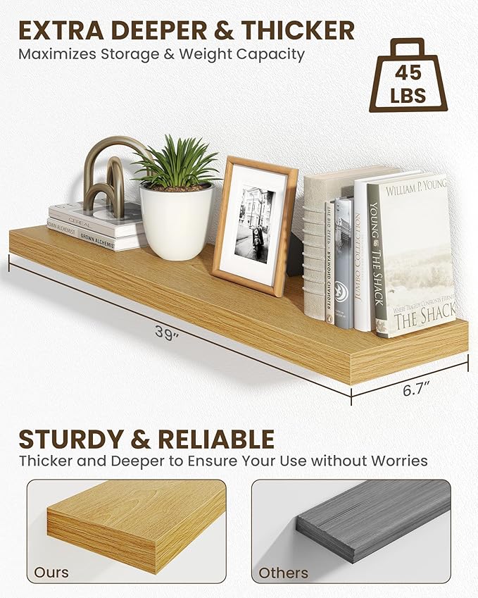 Marsmiles 39" Floating Shelves for Wall, Wooden Shelves with Invisible Brackets Set of 2, Rustic Farmhouse Wall Mounted Shelf for Kitchen Bathroom Living Room Study, Natural Oak