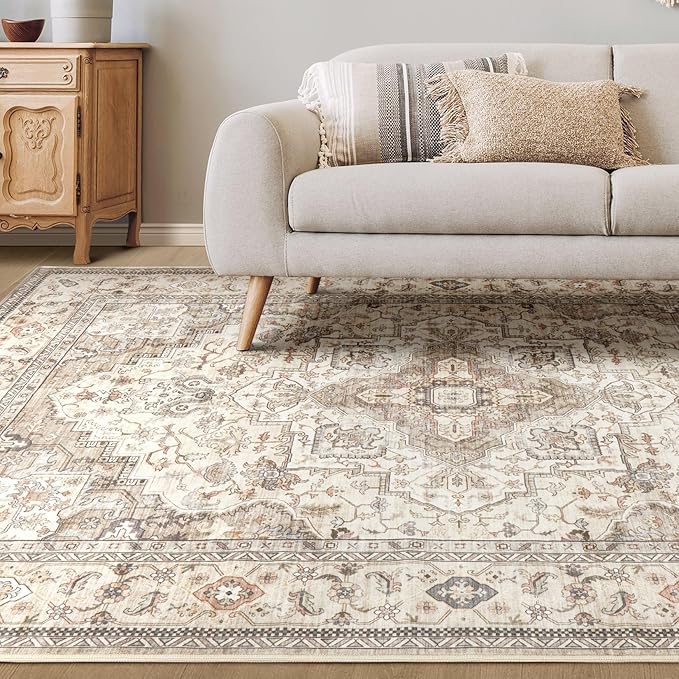 Washable Area Rugs for Living Room - 9x12 Neutral Vintage Distressed Floral Farmhouse Boho Large Soft Floor Rug Indoor Non Slip Carpet for Bedroom Dining Room Office - Brown/Multi