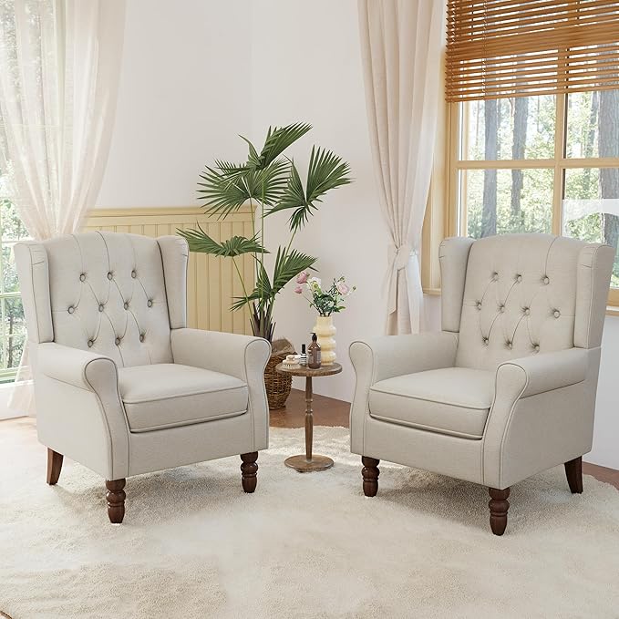 Lumibee High Back Accent Chair Set of 2,Upholstered Wingback Armchair with Solid Wood Legs for Small Spaces,Comfy Single Sofa Chair for Living Room,Bedroom,Office-Beige