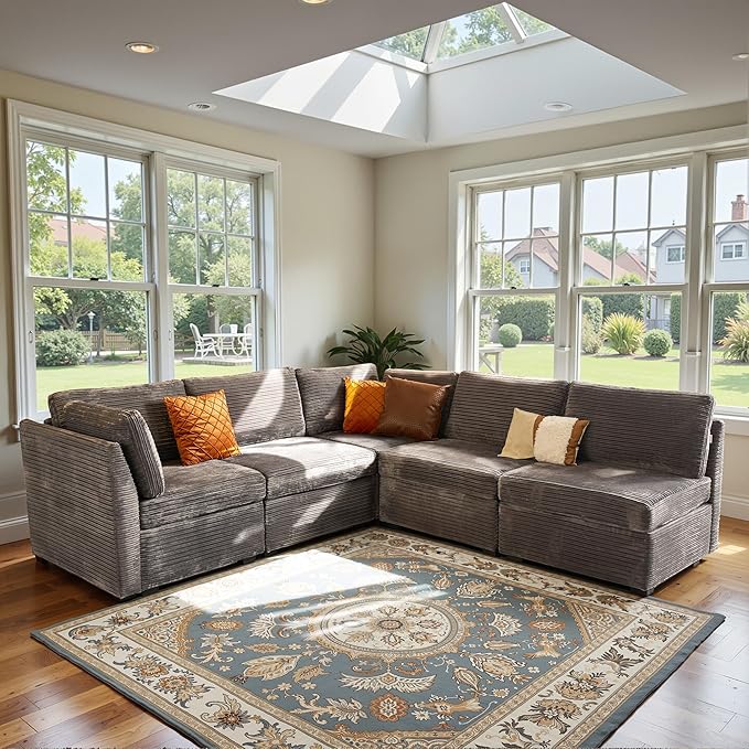 Modular Sectional Sofa with Chaise U Shaped Sectional Couch for Living Room, 5-Seater Comfy Cloud Couches, Plush Corduroy, Gray