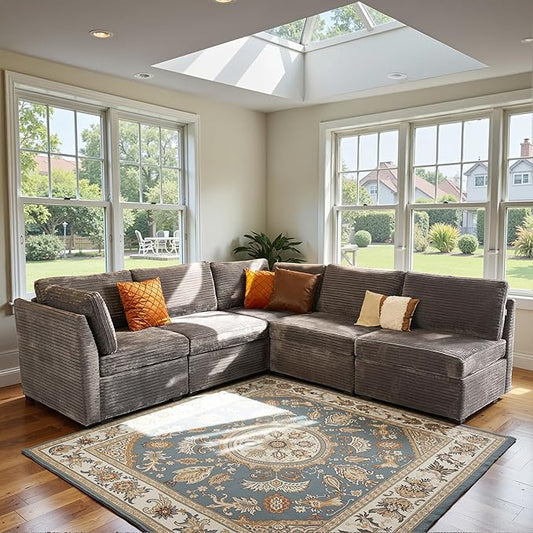 Modular Sectional Sofa with Chaise U Shaped Sectional Couch for Living Room, 5-Seater Comfy Cloud Couches, Plush Corduroy, Gray