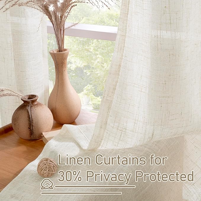 LAMIT Short Linen Curtains 40 Inch for Kitchen Windows Over Sink, Semi Sheer Light Filtering Neutral Curtains Bronze Grommet Panels for Bathroom/Windows, Cream Ivory, 2 Panels, 34 x 40 Inch