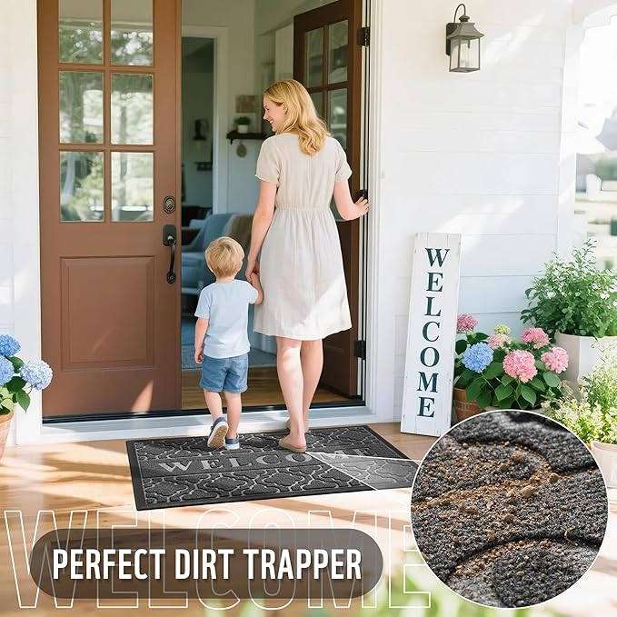 Yimobra Welcome Mat Outdoor Indoor, All-Season Waterproof Front Door Mat Outside Entrance, All-Weather Heavy Duty Non-Slip Doormat, Low Profile Porch Patio Entrance Mats, 47x24, Dark Grey