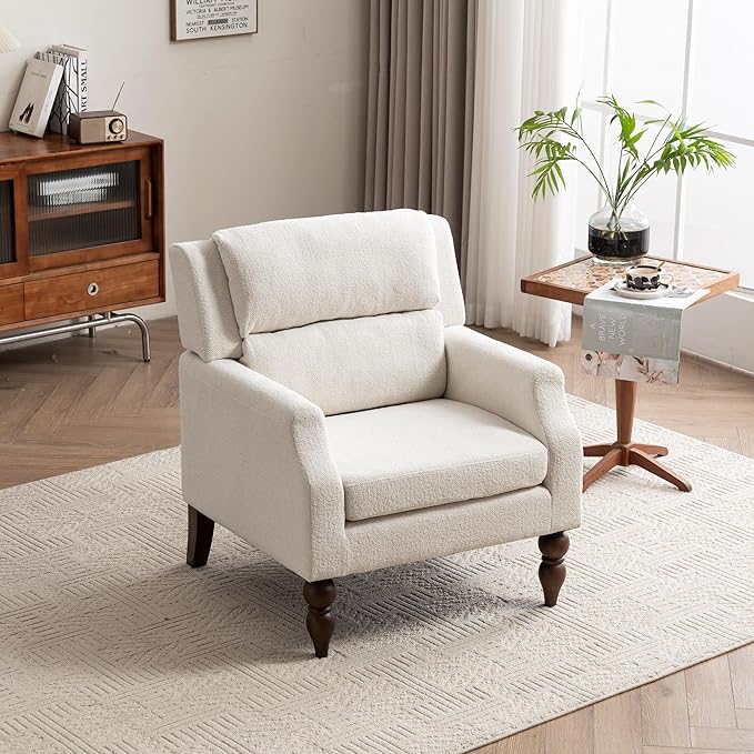Kidol & Shellder White Oversized Accent Chair for Living Room Mid Century Modern Reading Chair with Back Wide Upholstered Comfy Single Sofa Chair for Bedroom Lounge Side Corner Chair Fabric Armchair