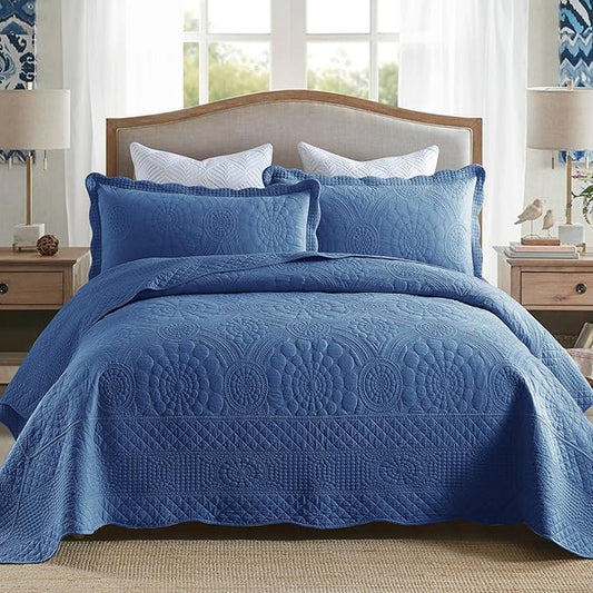 MarCielo 3-Piece 100% Cotton Oversized Bedspread Lightweight Quilt Coverlet Embroidery Farmhouse Bedding Set (Tf Midtone Blue, Oversized King (118"x106"))