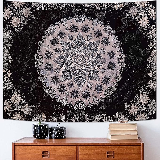 Fowocu Boho Floral Mandala Tapestry Wall Hanging Grey Bohemian Flower Medallion Tapestry Aesthetic Gray Black Hippie Indian Small Tapestries for Bedroom Living Room Dorm Decor 48 x 36 Inch
