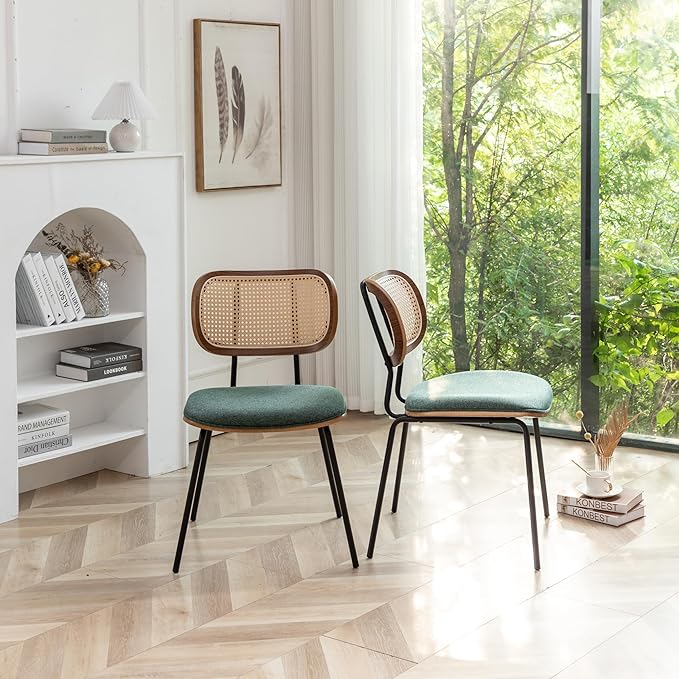 Rattan Dining Chairs Set of 4, Mid Century Modern Dining Chairs with Cane Back for Kitchen Dining Room, 19 Inch Fabric Green