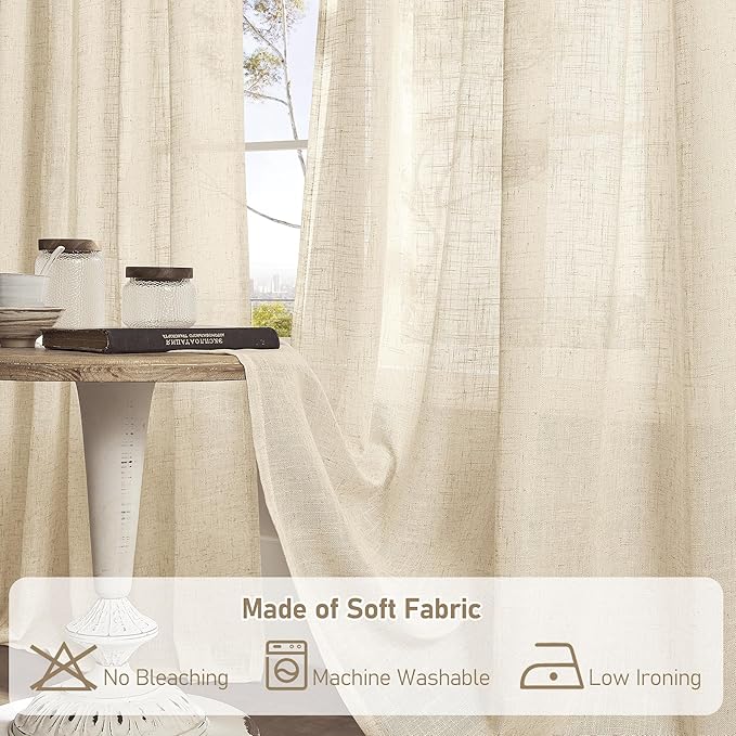 LAMIT 54 Inch Length Linen Curtains for Bedroom, Light Filtering Semi Sheer Neutral Short Decorative Window Drapes with Bronze Grommet for Kitchen,2 Panels Set, 52 X 54 Inch, Linen