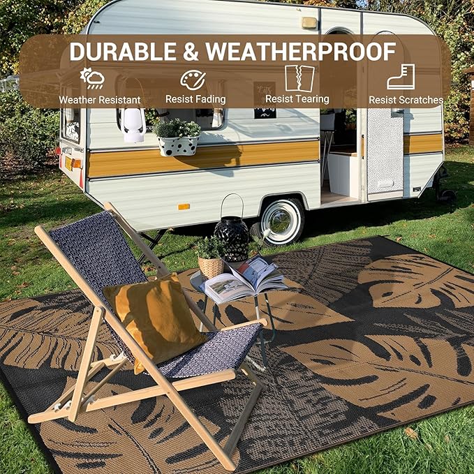 GAOMON Outdoor Rug Waterproof 9x12 Outdoor Plastic Straw Rug for Patio, Reversible Modern Camping Mat with Bag & Stakes, UV Resistant & Easy to Clean Carpet for RV, Deck, Balcony, Porch, Brown