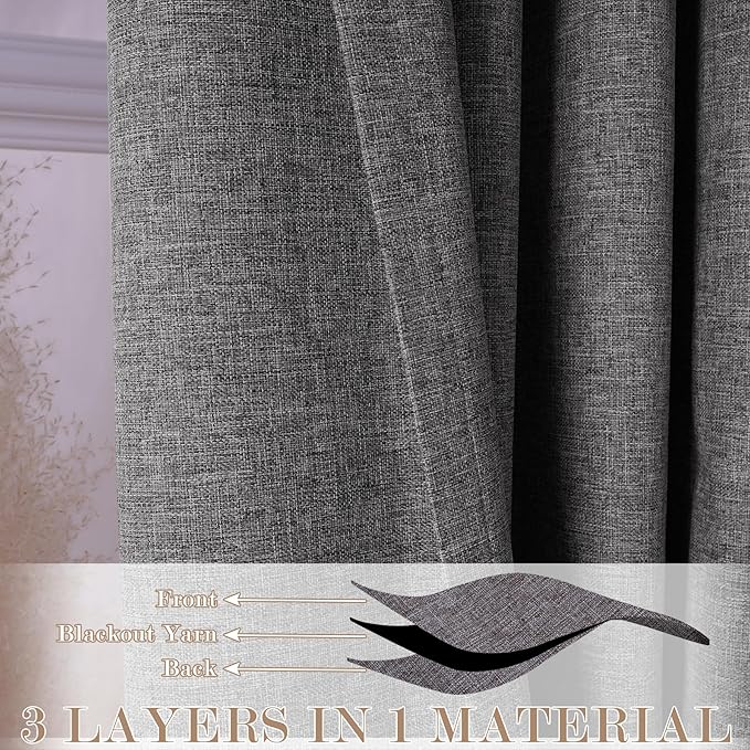 Natural Grey Pinch Pleat 100% Blackout Drapes Linen Blend, Room Divider, Room Darkening, Energy Saving, Furniture Protecting, Light Blocking Extra Wide Privacy Curtains, 200Wx102L, 1 PC
