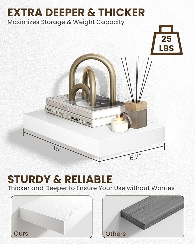 Marsmiles 16" Floating Shelves for Wall, Wooden Shelves with Invisible Brackets Set of 2, Rustic Farmhouse Wall Mounted Shelf for Kitchen Bathroom Living Room Study, White