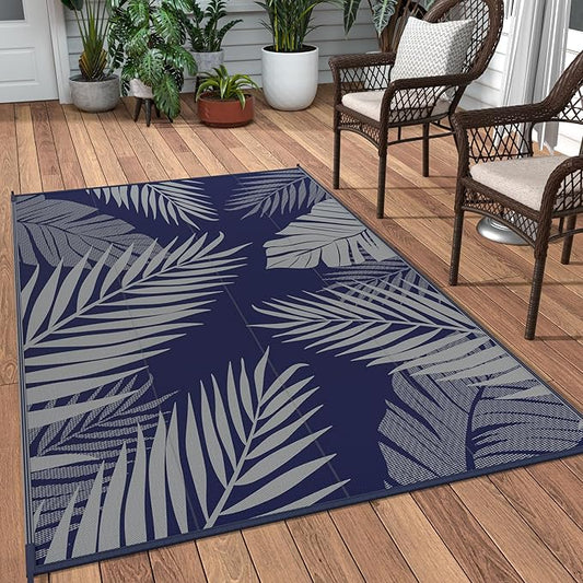 GENIMO Outdoor Rug 3' x 5' Waterproof for Patios Clearance, Reversible Outdoor Plastic Straw Camping Rug Carpet, Large Area Rugs Mats for RV, Camper, Deck, Balcony, Porch, Beach, Picnic Navy Blue&Grey