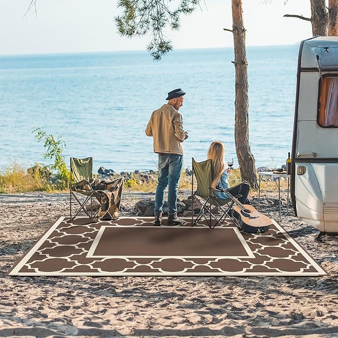 GENIMO 6' x 9' Outdoor Rug Waterproof for Patio Decor, Foldable Reversible Plastic Straw Area Rugs Mat for Camper, Outside Carpet for Rv, Deck, Porch, Picnic, Beach, Balcony, Coffee & Beige