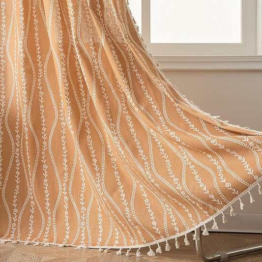 Sutuo Home Boho Curtains for Bedroom Dining Room 96 Inches Long, Printed Cotton Linen Rod Pocket Vintage Farmhouse Bohemian Tassels Window Treatment, 1 Panel 59" W x 96" L, Terracotta Stripe Florals