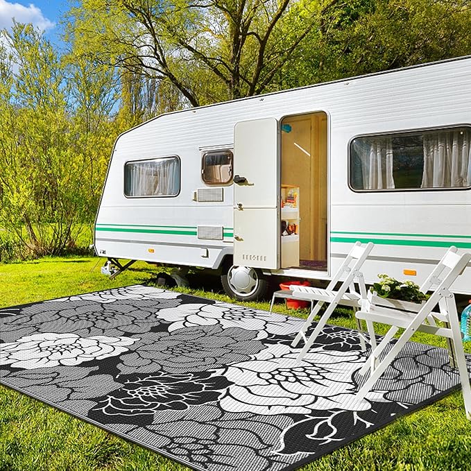 GENIMO Outdoor Rug Waterproof for Patio Decor, 8' x 10' Reversible Plastic Straw Floral Camping Carpet, Large Area Rugs Mats for RV, Camper, Deck, Balcony, Porch, Beach, Picnic, Mix-Black & White