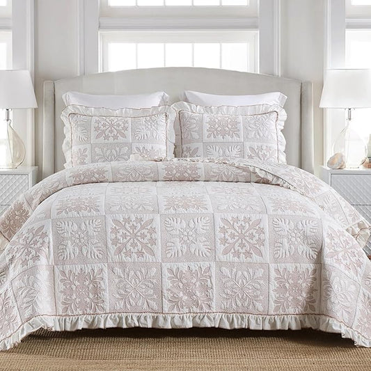 MarCielo 3-Piece 100% Cotton Bedspread Lightweight Quilt Coverlet Embroidery Farmhouse Bedding Set (TJ Colorful,Queen (98"x102"))