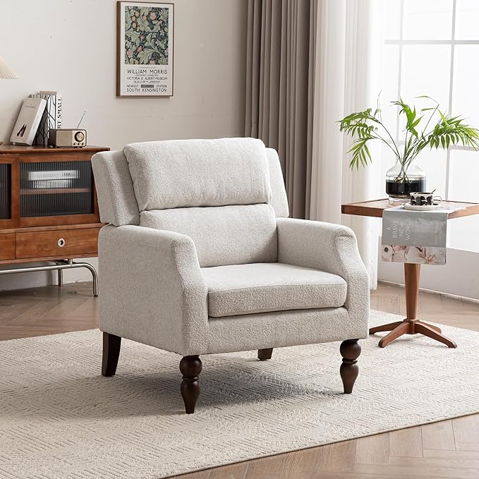 Kidol & Shellder Beige Oversized Accent Chair for Living Room Mid Century Modern Reading Chair with Back Wide Upholstered Comfy Single Sofa Chair for Bedroom Lounge Side Corner Boucle Fabric Armchair