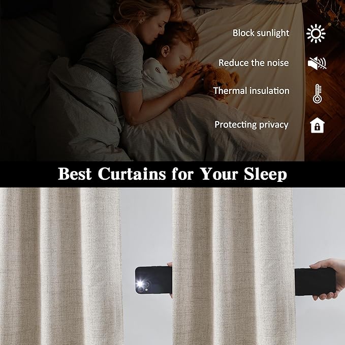 RAIN CITY Beige Blackout Curtains Back Tab Rod Pocket Curtains 63 Inches Long, Linen Burlap Textured Room Darkening Curtains for Bedroom Nursery 2 Panels 50x63