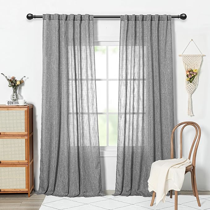 MYSKY HOME Long Sheer Curtains Farmhouse, Sliding Door Curtain for Living Room Light Filtering Privacy Protect Soft Cotton Blend Back Tab Window Drapes Boho, 50" x 108", Dark Grey, 2 Panels