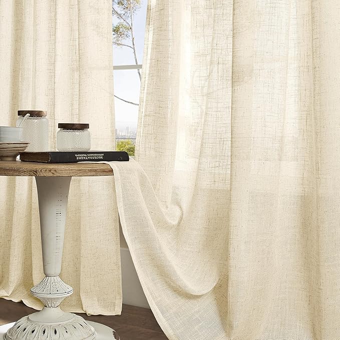 LAMIT Linen Curtains 95 inch for Living Room, Soft Thick Light Filtering Boho Window Textured Neutral Drapes Bronze Grommet for Bedroom Farmhouse, 2 Panels Set 52 x 95 Inch, Beige
