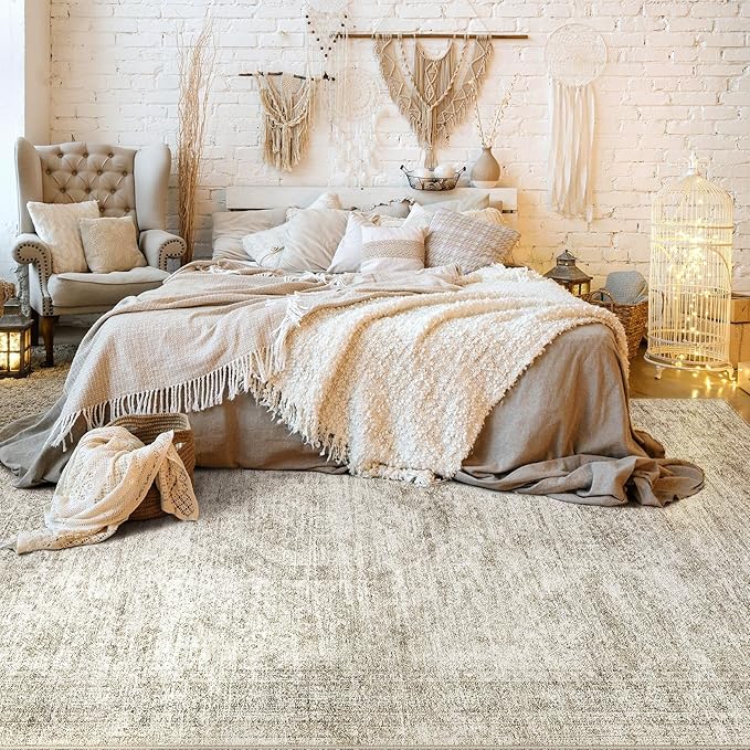 Washable Area Rugs for Living Room -10x13 Neutral Vintage Distressed Floral Farmhouse Boho Large Soft Floor Rug Indoor Non Slip Carpet for Living Room Bedroom Dining Room Office-Beige